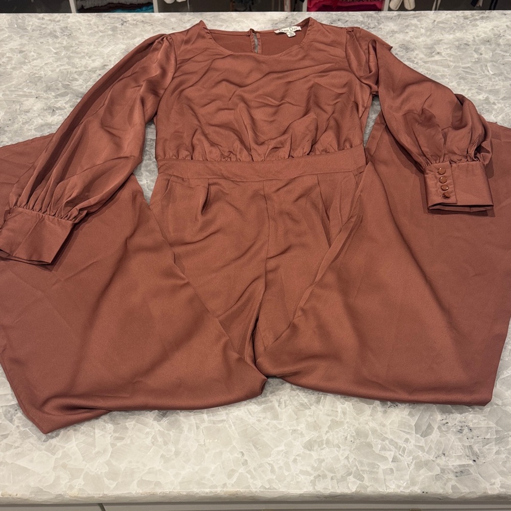 Satin Long-Sleeve Jumpsuit in Rust